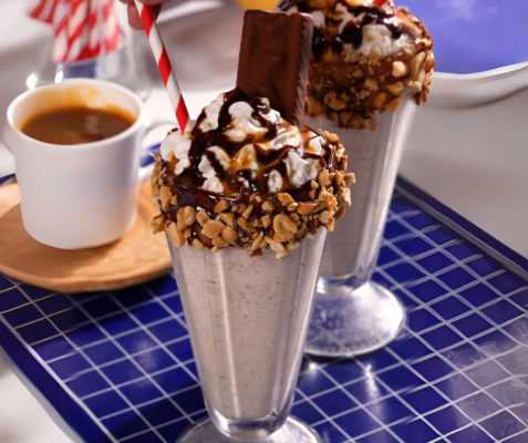 a milkshake glass with a chocolate milkshake inside with a chocolate and peanut rim and a red straw