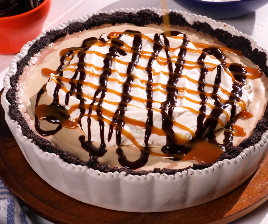 a frozen mochaccino tart in a tart dish