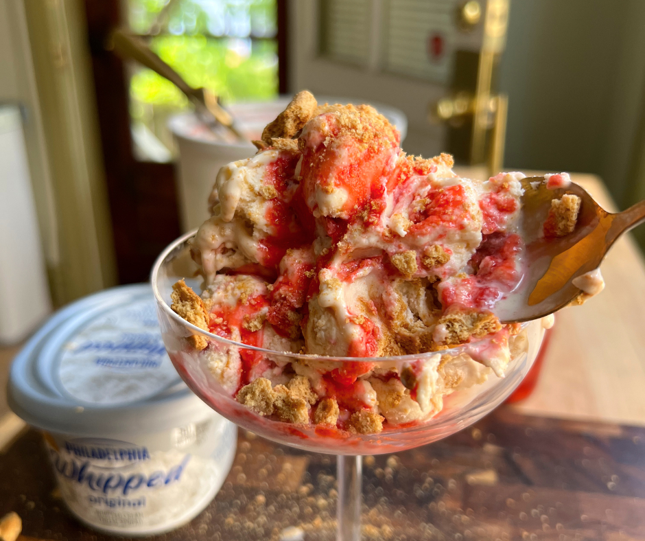 Strawberry Cheesecake Ice Cream in a cocktail glass