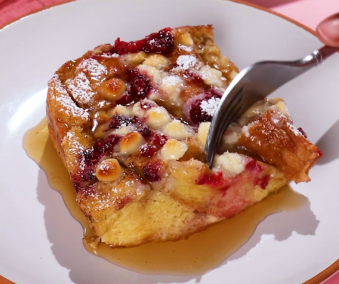 a fork going into a piece of French toast casserole