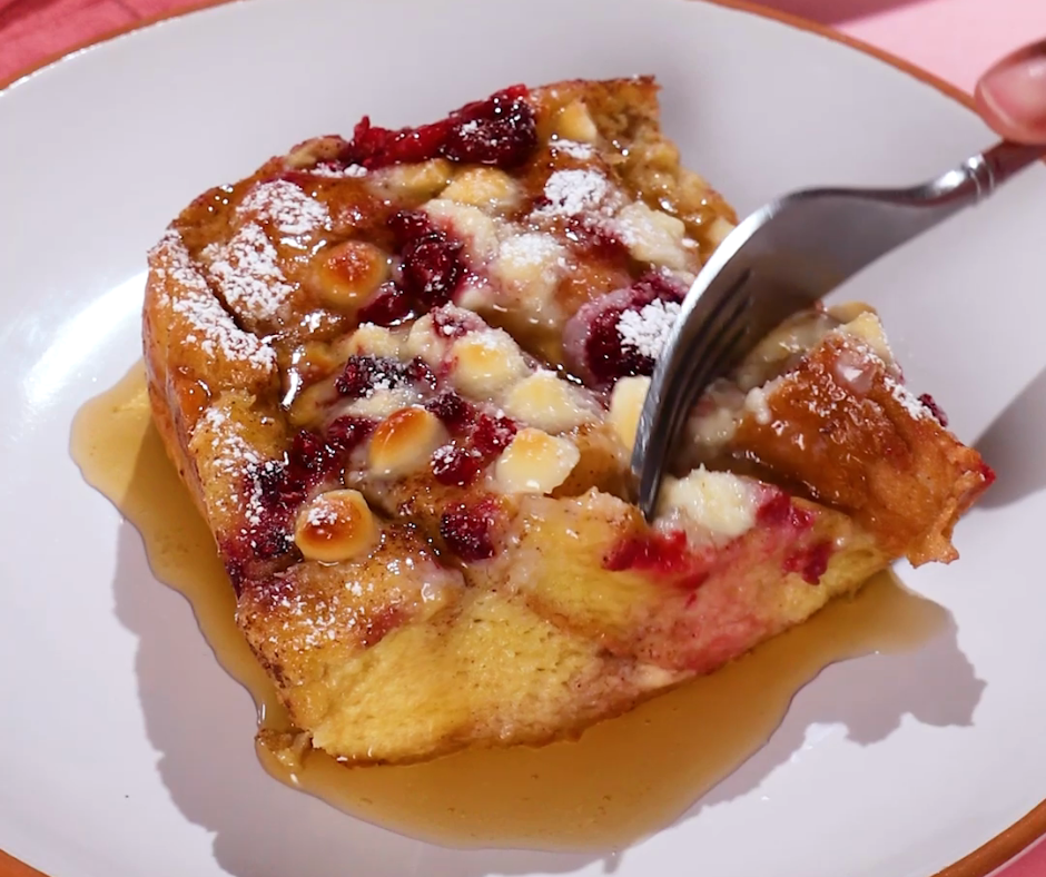 a fork going into a piece of French toast casserole